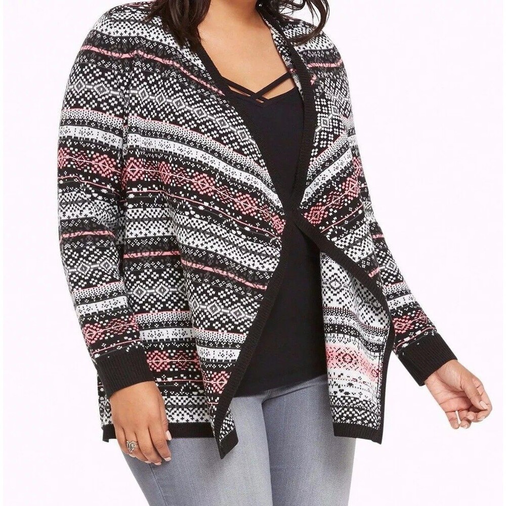 Torrid Size 1X Fair Isle Knit Draped Open Front Cardigan Long Sleeve Black Pink